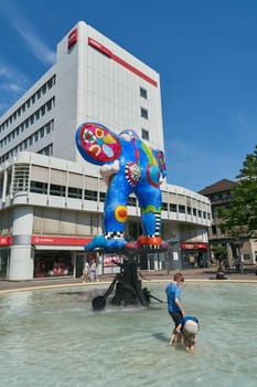 The Life Saver fountain by artist Niki de Saint Phalle and her husband Jean Tinguely in the city center of Duisburg in Germany