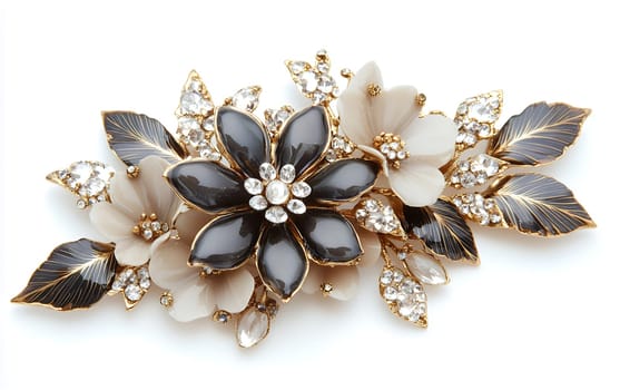 An exquisite floral brooch adorned with shimmering crystals and gold accents, capturing elegance and sophistication.