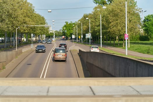 Cars entering and exiting a tunnel in the city center of Magdeburg in Germany