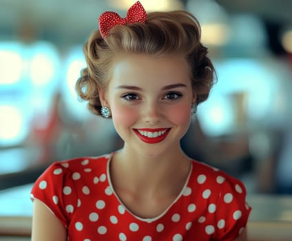 A beautiful woman sits at the counter of an American restaurant. Stylized from1940s - 1950s. AI generative.