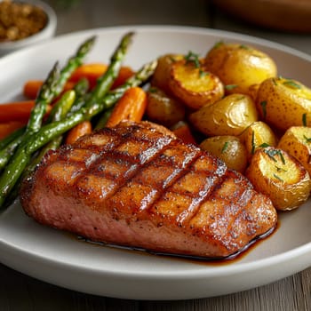 cooked duck breast, accompanied by a variety of caramelized vegetables. AI generative.
