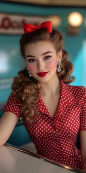A beautiful woman sits at the counter of an American restaurant. Stylized from1940s - 1950s. AI generative.