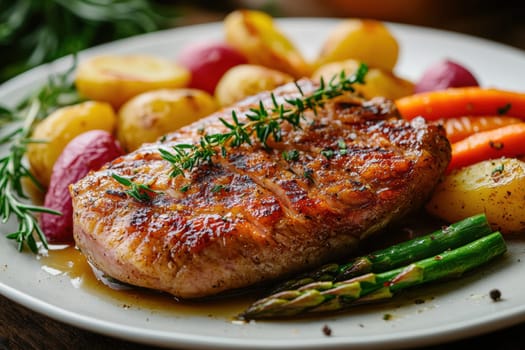 cooked duck breast, accompanied by a variety of caramelized vegetables. AI generative.