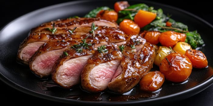 cooked duck breast, accompanied by a variety of caramelized vegetables. AI generative.