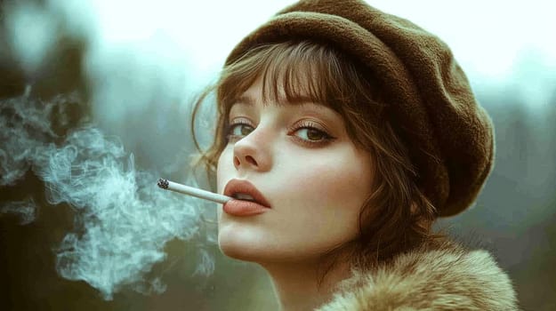 Woman dressed in 80s style smoking a cigarette on the street. AI generative.