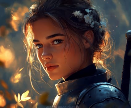 Joan of Arc, set against a dark background adorned with subtle flowers.  AI generative.