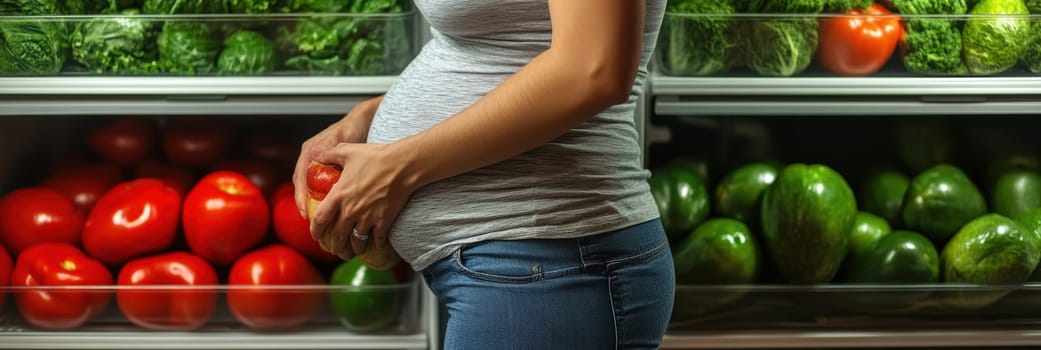 A pregnant woman is opening the refrigerator. AI generative.