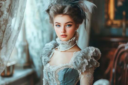 elegant woman from the Victorian era standing in a richly decorated parlor. AI generative.