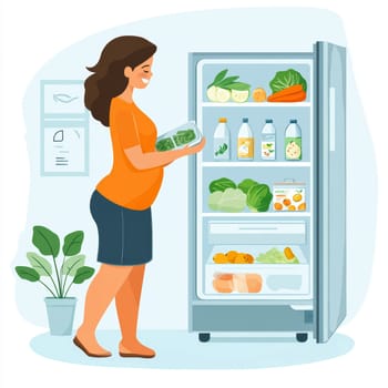 A pregnant woman is opening the refrigerator. AI generative.