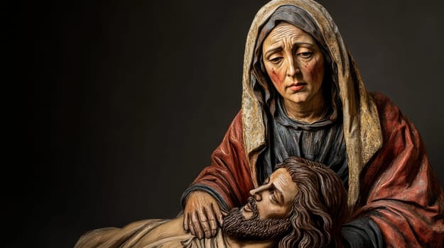 Mother of God with the dying Jesus in her arms. AI generative.