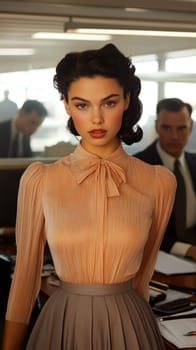 a vintage woman with black hair posing in front of a desk in an office,. AI generative.