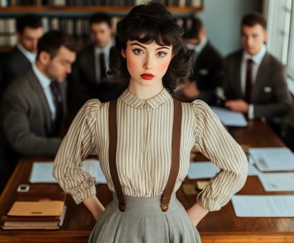 a vintage woman with black hair posing in front of a desk in an office,. AI generative.