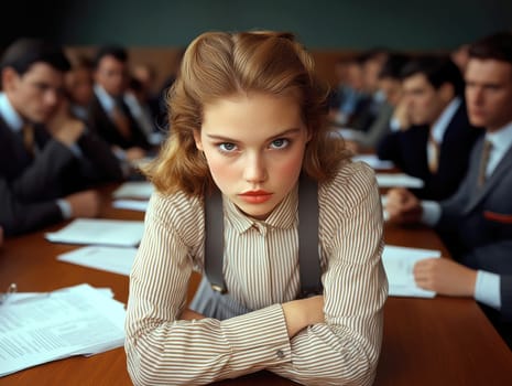 a vintage woman with black hair posing in front of a desk in an office,. AI generative.