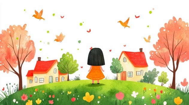Little girls playing in the garden,in the sky birds and in the distance you can see the house.AI generative.