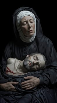 Mother of God with the dying Jesus in her arms. AI generative.