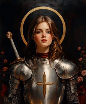 Joan of Arc, set against a dark background adorned with subtle flowers.  AI generative.