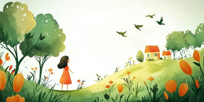 Little girls playing in the garden,in the sky birds and in the distance you can see the house.AI generative.