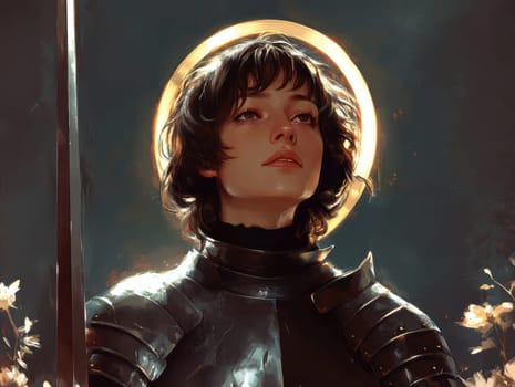 Joan of Arc, set against a dark background adorned with subtle flowers.  AI generative.