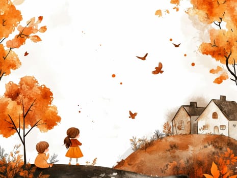 Little girls playing in the garden,in the sky birds and in the distance you can see the house.AI generative.