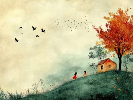 Little girls playing in the garden,in the sky birds and in the distance you can see the house.AI generative.