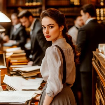 a vintage woman with black hair posing in front of a desk in an office,. AI generative.