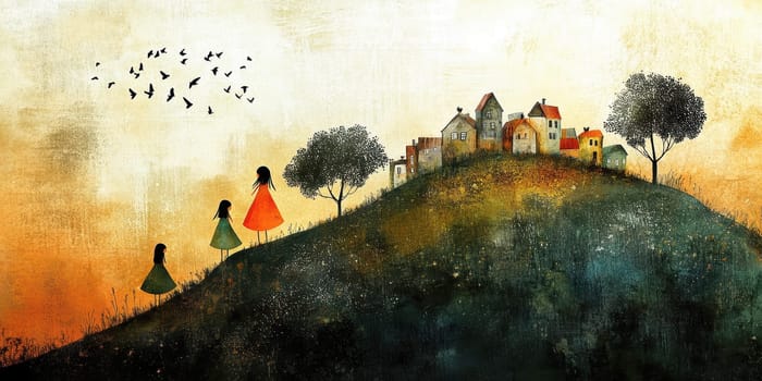 Little girls playing in the garden,in the sky birds and in the distance you can see the house.AI generative.