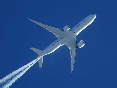 Condensation trails of a flying jet. AI generative.