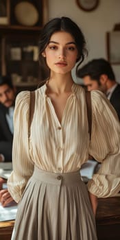 a vintage woman with black hair posing in front of a desk in an office,. AI generative.