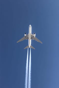 Condensation trails of a flying jet. AI generative.