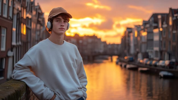 A young man leaning against a wall near the canals, wearing an oversized sweater and a baseball cap, listening to music through his vintage headphones. AI generative.
