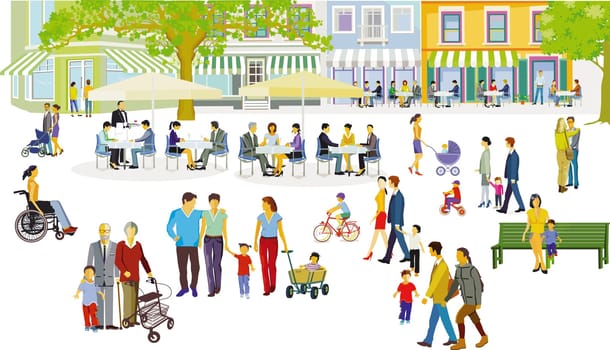 Groups of people in their free time in a residential area with restaurants, illustration
