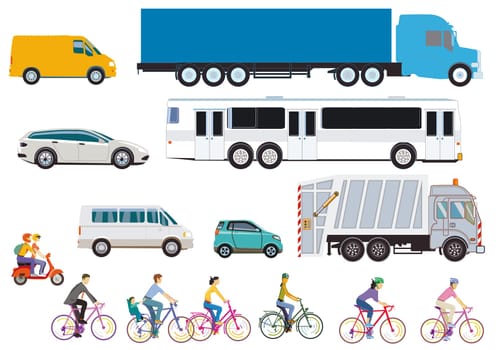 Bus truck van and cyclist cutout, illustration