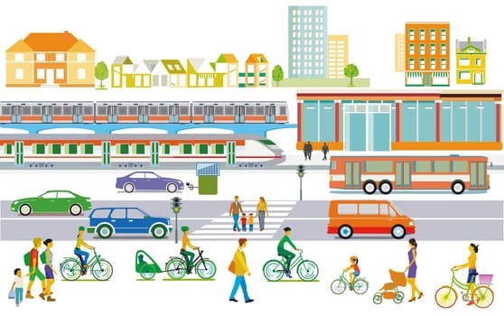 Elevated railway with Express train and Bus, road traffic ,  Illustration