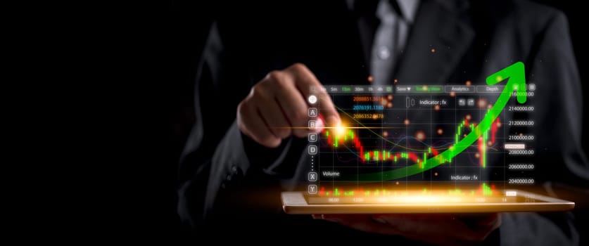 Businessman analyzing stock market data on a tablet, with a rising chart indicating financial growth. Ideal for finance blogs, trading platforms