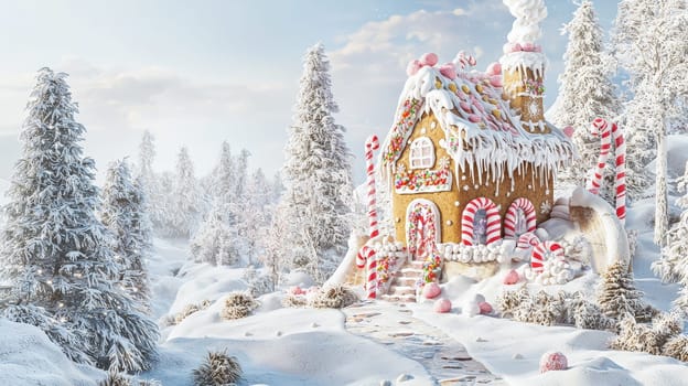 This enchanting, storybook-style illustration features a gingerbread house adorned with candy canes and marshmallows, nestled amid snow in a magical forest. Rendered in hyper-realistic detail, it combines warmth, charm, and intricate textures, creating a captivating scene on a clean white background.