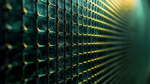 A captivating abstract background featuring a grid pattern in green and black tones. The intricate design is rendered in hyper-detail with high resolution, offering a sharp and immersive visual experience. High contrast and 3D rendering techniques create depth, enhancing the geometric structure of the grid and making it a bold and dynamic composition.