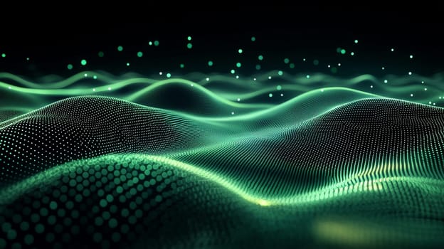 A captivating abstract background featuring a grid pattern in green and black tones. The intricate design is rendered in hyper-detail with high resolution, offering a sharp and immersive visual experience. High contrast and 3D rendering techniques create depth, enhancing the geometric structure of the grid and making it a bold and dynamic composition.