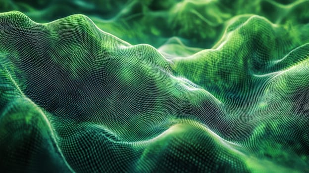 A captivating abstract background featuring a grid pattern in green and black tones. The intricate design is rendered in hyper-detail with high resolution, offering a sharp and immersive visual experience. High contrast and 3D rendering techniques create depth, enhancing the geometric structure of the grid and making it a bold and dynamic composition.