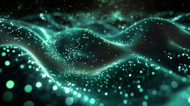 A captivating abstract background featuring a grid pattern in green and black tones. The intricate design is rendered in hyper-detail with high resolution, offering a sharp and immersive visual experience. High contrast and 3D rendering techniques create depth, enhancing the geometric structure of the grid and making it a bold and dynamic composition.