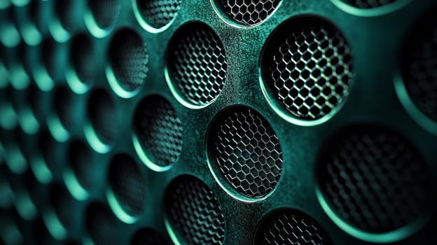A striking abstract background featuring a hyper-detailed hexagonal grid in vibrant green and black. Rendered in high resolution with high contrast, this 3D image showcases the intricate geometry of the grid, creating a bold and dynamic visual experience. The sharp details and modern design highlight the futuristic nature of the composition.