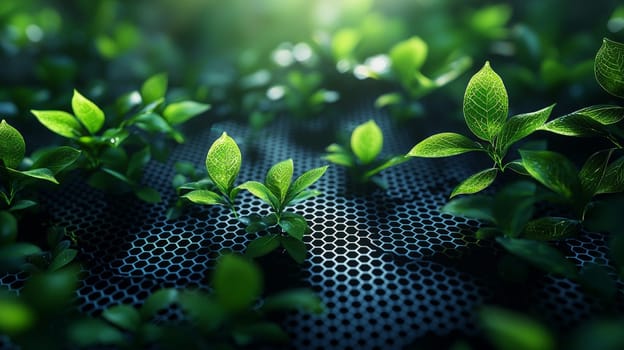 A striking abstract background featuring a hyper-detailed hexagonal grid in vibrant green and black. Rendered in high resolution with high contrast, this 3D image showcases the intricate geometry of the grid, creating a bold and dynamic visual experience. The sharp details and modern design highlight the futuristic nature of the composition.