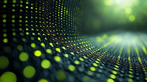 A captivating abstract background featuring a grid pattern in green and black tones. The intricate design is rendered in hyper-detail with high resolution, offering a sharp and immersive visual experience. High contrast and 3D rendering techniques create depth, enhancing the geometric structure of the grid and making it a bold and dynamic composition.