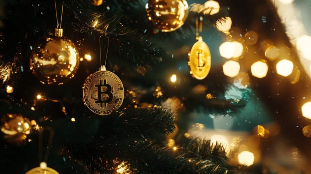 A highly detailed, high-contrast photo of a Christmas tree adorned with golden bitcoin ornaments, set against a bright studio background. This unique holiday scene merges festive cheer with digital currency themes, presented in vivid quality.