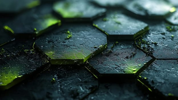 A striking abstract background featuring a hyper-detailed hexagonal grid in vibrant green and black. Rendered in high resolution with high contrast, this 3D image showcases the intricate geometry of the grid, creating a bold and dynamic visual experience. The sharp details and modern design highlight the futuristic nature of the composition.