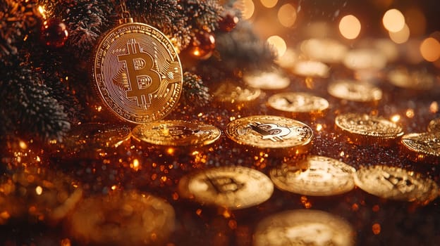 A highly detailed, high-contrast photo of a Christmas tree adorned with golden bitcoin ornaments, set against a bright studio background. This unique holiday scene merges festive cheer with digital currency themes, presented in vivid quality.