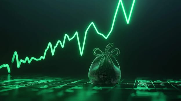 A sleek, 3D hyper-realistic illustration of a glowing stock line graph in an upward trajectory, symbolizing financial growth. Below the green-colored graph sits a money bag, enhancing the concept of profitability. Set against a clean, dark background, the minimalist design emphasizes clarity and a modern financial aesthetic.