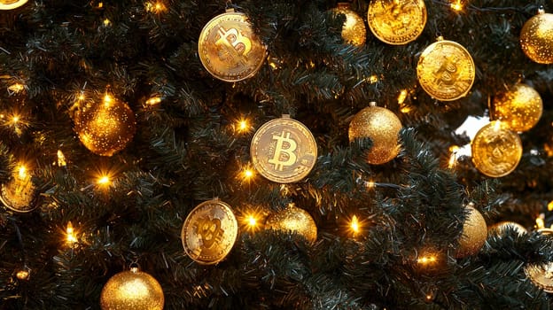 A highly detailed, high-contrast photo of a Christmas tree adorned with golden bitcoin ornaments, set against a bright studio background. This unique holiday scene merges festive cheer with digital currency themes, presented in vivid quality.