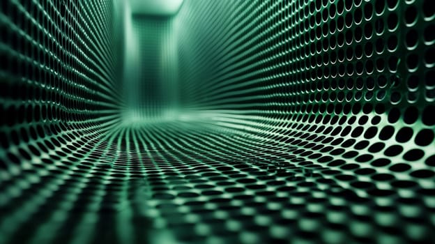A captivating abstract background featuring a grid pattern in green and black tones. The intricate design is rendered in hyper-detail with high resolution, offering a sharp and immersive visual experience. High contrast and 3D rendering techniques create depth, enhancing the geometric structure of the grid and making it a bold and dynamic composition.