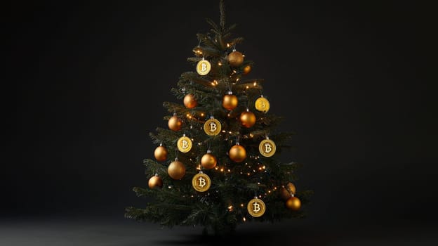 A highly detailed, high-contrast photo of a Christmas tree adorned with golden bitcoin ornaments, set against a bright studio background. This unique holiday scene merges festive cheer with digital currency themes, presented in vivid quality.