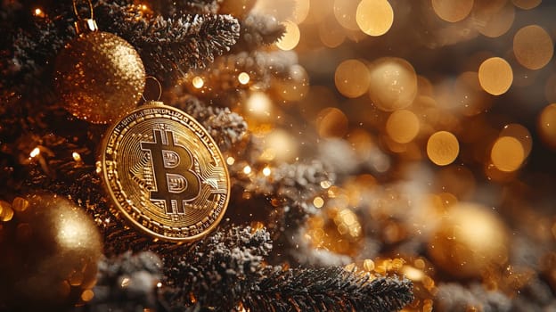 A highly detailed, high-contrast photo of a Christmas tree adorned with golden bitcoin ornaments, set against a bright studio background. This unique holiday scene merges festive cheer with digital currency themes, presented in vivid quality.